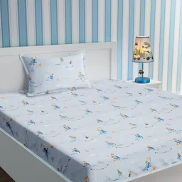 URBAN DREAM Blue Grey Parade Printed 210 TC Cotton Single Bedsheet with 1 Pillow Cover-image-66