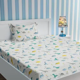 URBAN DREAM White Grey Dino Printed 210 TC Cotton Single Bedsheet with 1 Pillow Cover-picture-0