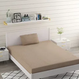 Bromwick Beige Striped Cotton 210 TC Single Bedsheet with 1 Pillow Cover 110 GSM-image-66