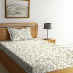 Arrabi Beige & Green Geometric 300 TC Flat Single Bedsheet with 1 Pillow Cover-62