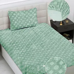 FABINALIV Green Geometric 300 TC Fitted Single Bedsheet with 1 Pillow Cover-17