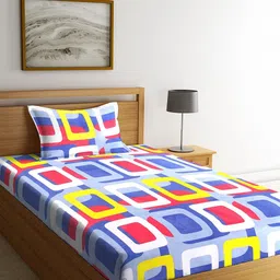 HOSTA HOMES Blue & Red Geometric Single Bedsheet with 1 Pillow Covers-image-55