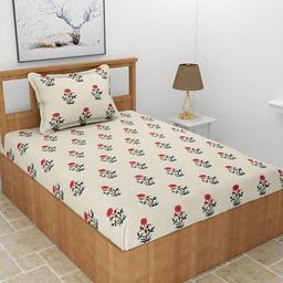 BREVARD Off White & Red 210 TC Single Bedsheet with Pillow Cover-image-92