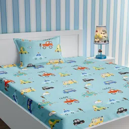 URBAN DREAM Blue Red Cars Printed 210 TC Cotton Single Bedsheet with 1 Pillow Cover-image-76
