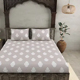 BED-SHEET.COM Grey Ethnic Motifs Printed Cotton 300 TC King Bedsheet with 2 Pillow Covers-image-15