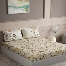 DDecor Beige & Green Floral Cotton 144 TC King Bedsheet With 2 Pillow Covers-image-36