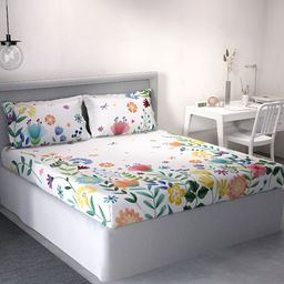 DDecor White & Blue Floral Cotton 144 TC Queen Bedsheet With 2 Pillow Covers-picture-13