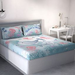 DDecor Blue & Grey Cartoon Characters Cotton 144 TC Queen Bedsheet With 2 Pillow Covers-image-54