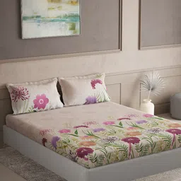 DDecor Pink & Purple Floral Printed Cotton 144 TC King Bedsheet with 2 Pillow Covers-21
