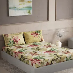 DDecor Yellow & Green Floral 180 TC Cotton King Bedsheet With 2 Pillow Covers-picture-49