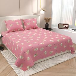 Aura Pink & Beige Flora Printed Cotton 220 TC King Bedsheet with 2 Pillow Covers-image-79