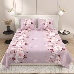 Aura Purple & White Floral Cotton 220 TC King Bedsheet with 2 Pillow Covers-image-97
