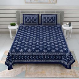 BED-SHEET.COM Blue & White Ethnic Motifs Cotton 240TC King Bedsheet With 2 Pillow Covers-image-21