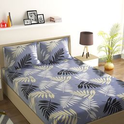 Aura Blue & White Floral 144 TC Queen Microfiber Bedsheet With 2 Pillow Covers-image-81