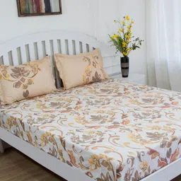 GM Brown & White Floral 180 TC Cotton 1 Super Queen Bedsheet with 2 Pillow Covers-image-92