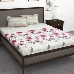 Story@home Off White & Magenta Floral 240TC King Bedsheet with 2 Pillow Covers-image-26