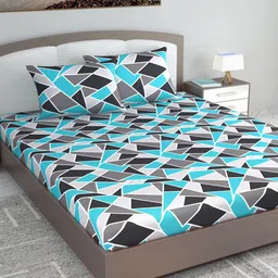 Divine Casa Emerald Turquoise Blue Geometric Cotton 144 TC King Bedsheet &2 Pillow Covers-image-50