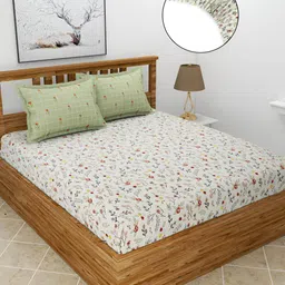 BREVARD Off White & Green 210 TC Fitted King Bedsheet with 2 Pillow Covers-image-38