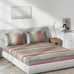 DDecor Purple & Yellow Striped Cotton 144 TC King Bedsheet With 2 Pillow Covers-image-88