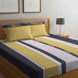 Arrabi Yellow & Black Striped 300 TC Super King Bedsheet with 2 Pillow Covers-image-53