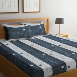 FABINALIV White & Grey Striped Polycotton 300 TC King Bedsheet With 2 Pillow Covers-21
