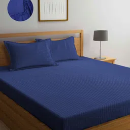 Arrabi Blue Stripes 300 TC Cotton Blend Double Size Fitted Bedsheet with 2 Pillow Covers-image-7