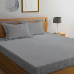 Arrabi Grey Stripes 300 TC Cotton Blend Double Size Fitted Bedsheet with 2 Pillow Covers-26