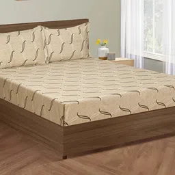 SWAYAM Zinnia Beige Abstract Cotton 250 TC Fitted King Bedsheet With 2 Pillow Covers-image-59