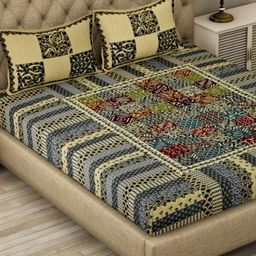 Qfab Beige & Blue Floral Cotton 144 TC King Bedsheet With 2 Pillow Covers-image-91