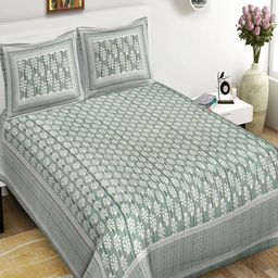 Qfab Green & White Floral Cotton 144 TC King Bedsheet with 2 Pillow Covers-image-96