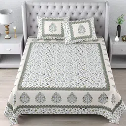 Qfab Green& White Floral Cotton 144 TC King Bedsheet with 2 Pillow Covers-8