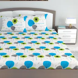 Divine Casa White & Blue Floral 144 TC King Bedsheet with 2 Pillow Covers-image-79