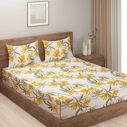 SWAYAM Prakirti White & Yellow Floral Cotton 180 TC King Bedsheet with 2 Pillow Covers-image-49