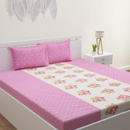 HAPPY HUES Pink & White Floral 180 TC King Bedsheet with 2 Pillow Covers-image-83
