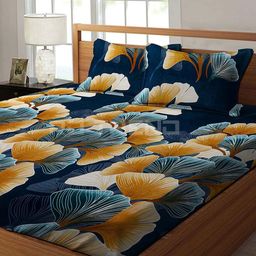 RD TREND Teal Blue & Orange Floral Cotton 210 TC Fitted King Bedsheet With 2 Pillow Covers-image-82