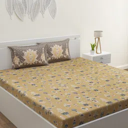 HOME AFFAIRS Tan Brown & Grey Floral Pure Cotton 210 TC King Bedsheet with 2 Pillow Covers-27