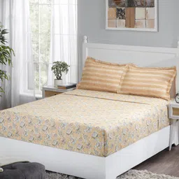 MYTRIDENT Yellow  White Floral 210 TC King Pure Cotton Bedsheet with 2 Pillow Covers-image-42
