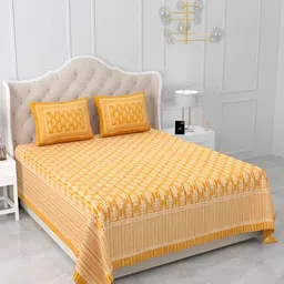 Qfab Yellow & White Floral Printed Cotton 250 TC King Bedsheet With 2 Pillow Covers-12
