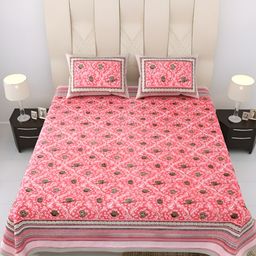 EasyGoods Pink & White Floral 250 TC King Cotton Bedsheet with 2 Pillow Covers-image-71
