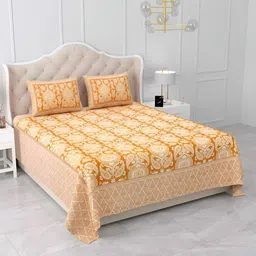 Qfab Yellow & Cream Floral Cotton 260 TC King Bedsheet with 2 Pillow Covers-picture-33