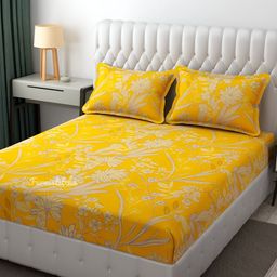 Furnistitchs Yellow & Grey Floral 300 TC Fitted King Bedsheet With 2 Pillow Covers-image-40