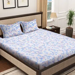 FABINALIV Blue & White Floral 300 TC King Bedsheet With 2 Pillow Covers-image-53