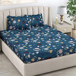 FABINALIV Blue & White Floral 300 TC Fitted King Bedsheet With 2 Pillow Covers-image-41