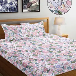 FABINALIV Pink & White Floral 300 TC Fitted Super King Bedsheet with 2 Pillow Covers-picture-29