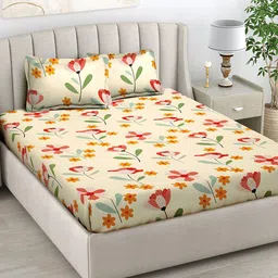 FABINALIV Yellow & Red Printed 300 TC King Bedsheet with 2 Pillow Covers-14
