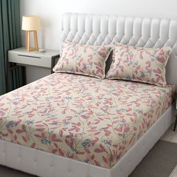 Furnistitchs Beige & Pink Floral Printed Fitted 300 TC King Bedsheet With 2 Pillow Covers-image-62