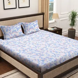 FABINALIV White & Blue Floral 300 TC Fitted King Bedsheet With 2 Pillow Covers-image-70