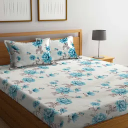 FABINALIV White & Blue Floral Printed 300 TC Fitted King Bedsheet & 2 Pillow Covers-image-67