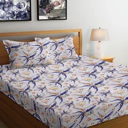 FABINALIV White & Blue Floral 300 TC Fitted King Bedsheet with 2 Pillow Covers-image-73