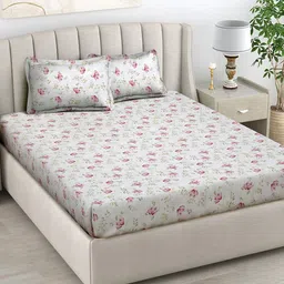 FABINALIV White & Pink Floral Polycotton 300 TC King Bedsheet With 2 Pillow Covers-6